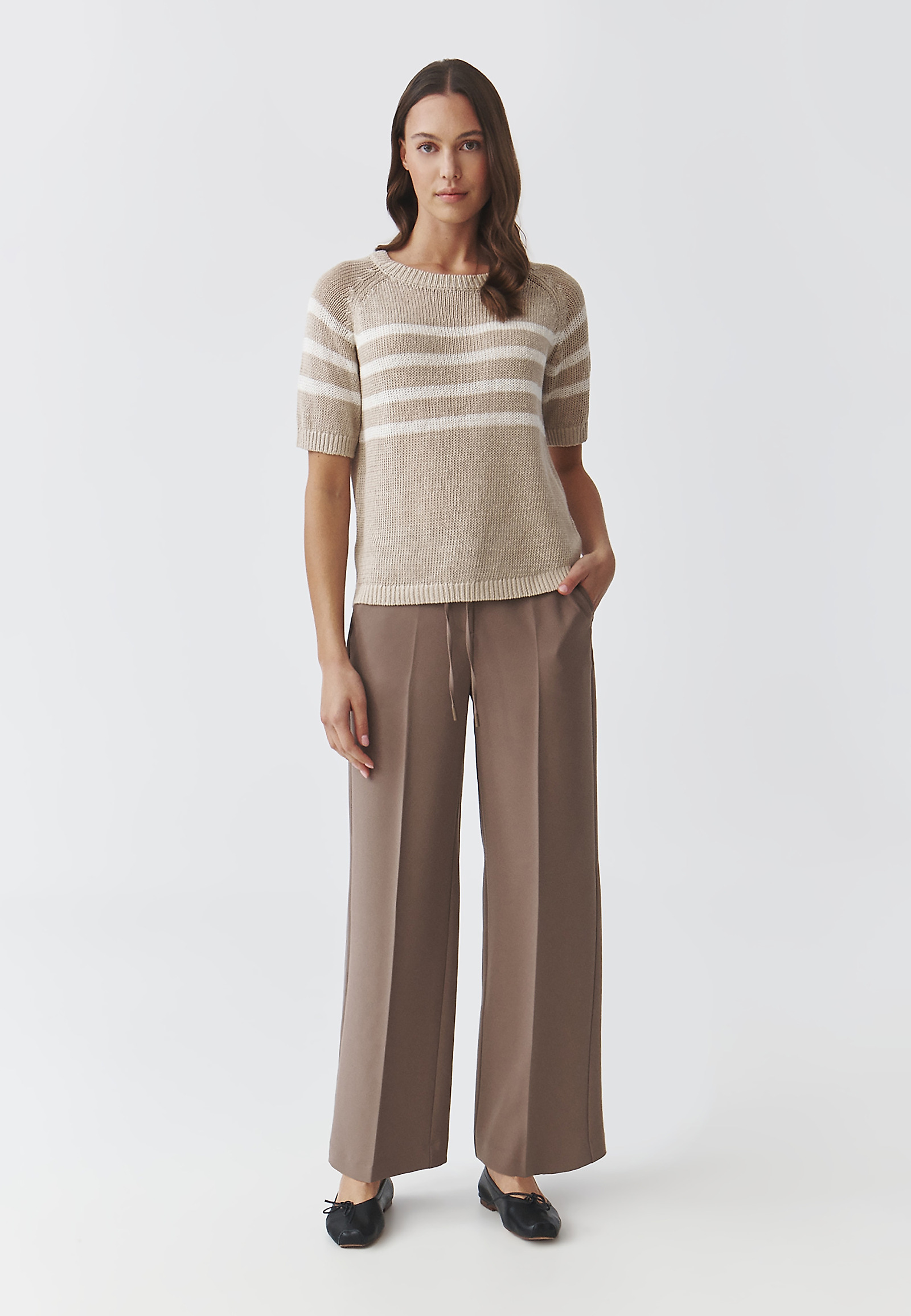 LADIES' LINEN CROSS-STRIPED JUMPER — ELEA LADIES' LINEN CROSS-STRIPED JUMPER — ELEA BEIGE 104959