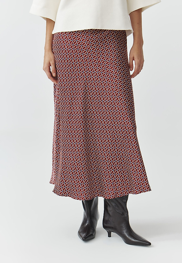 WOVEN MIDI SKIRT WITH SATIN TRIM AND ORIGINAL PATTERN — SATINI 2 WOVEN MIDI SKIRT WITH SATIN TRIM AND ORIGINAL PATTERN — SATINI 2 MULTIKOLOR 2