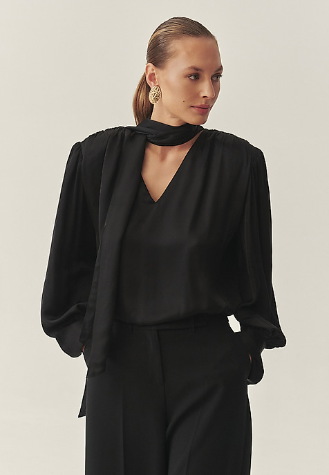LADIES' KNITTED BLOUSE WITH NECK TIE — UMA BLACK 2