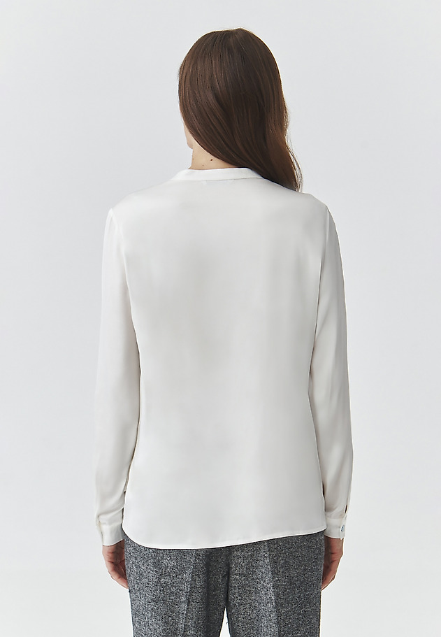 LADIES' FABRIC SHIRT WITH STAND-UP COLLAR AND SATIN TRIM — STENDI LADIES' FABRIC SHIRT WITH STAND-UP COLLAR AND SATIN TRIM — STENDI ECRU 3