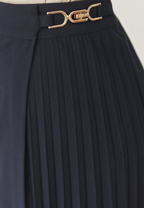PLEATED MIDI SKIRT WITH BUCKLE- PLISONA NAVY BLUE 2
