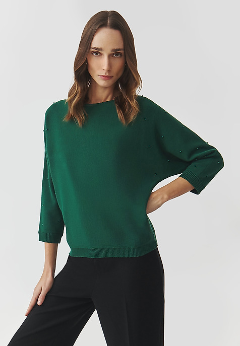 DÁMSKÝ SVETR S OZDOBNÝMI KULIČKAMI — PERLO ZELENÁ 2