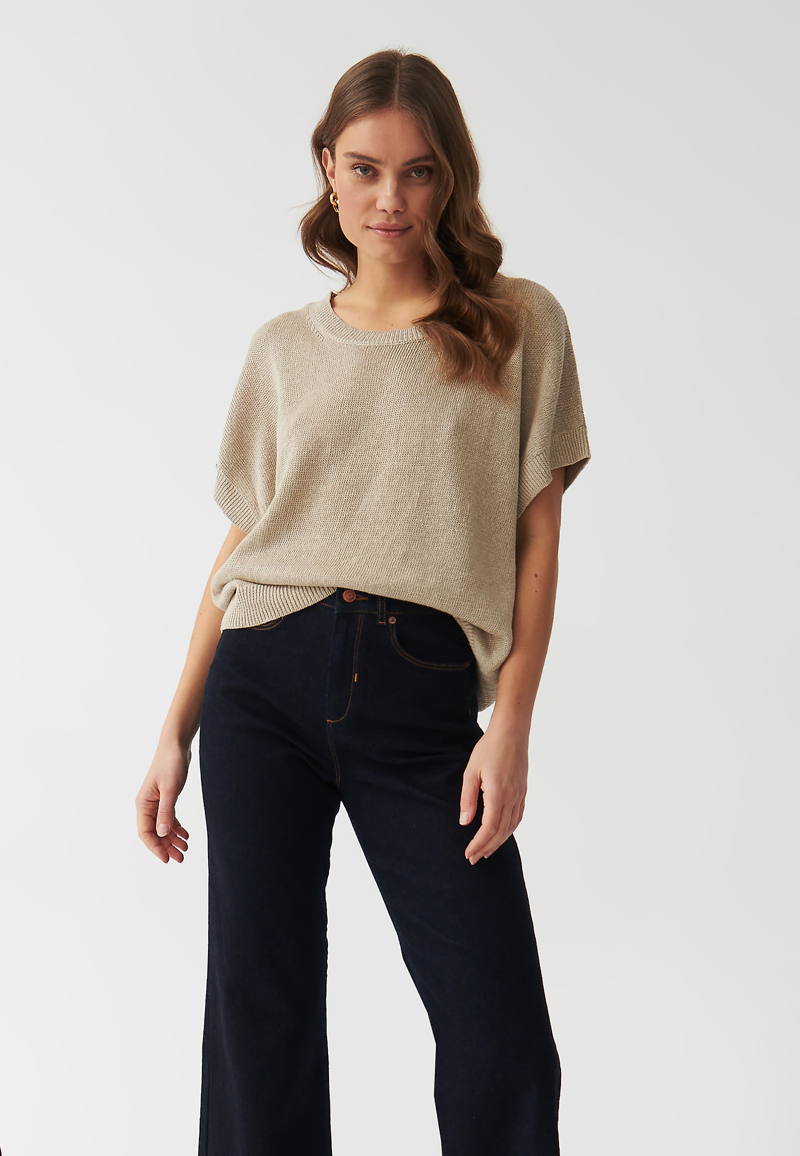 LADIES’ LINEN SWEATER WITH SHORT KIMONO SLEEVES - LIMIKO LADIES’ LINEN SWEATER WITH SHORT KIMONO SLEEVES - LIMIKO BEIGE 95946