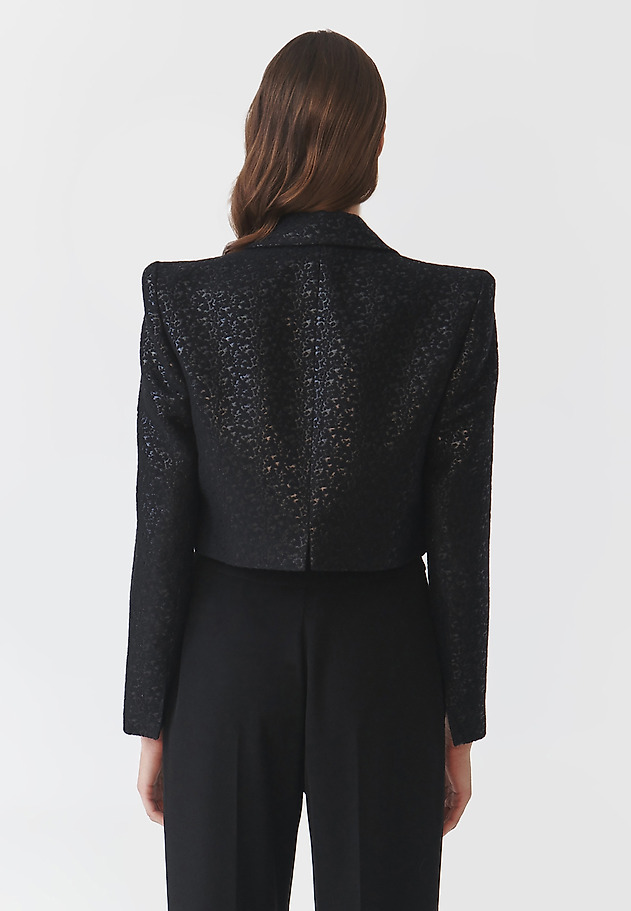 LADIES' SHORT WOVEN JACKET WITH SHINY PATTERN — KAMRA LADIES' SHORT WOVEN JACKET WITH SHINY PATTERN — KAMRA CZARNY 3