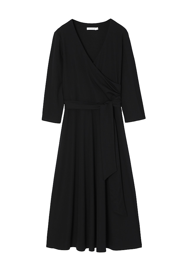 KNITTED MIDI DRESS WITH ENVELOPE NECKLINE AND WAIST BELT — IGA 2 KNITTED MIDI DRESS WITH ENVELOPE NECKLINE AND WAIST BELT — IGA 2 BLACK 6