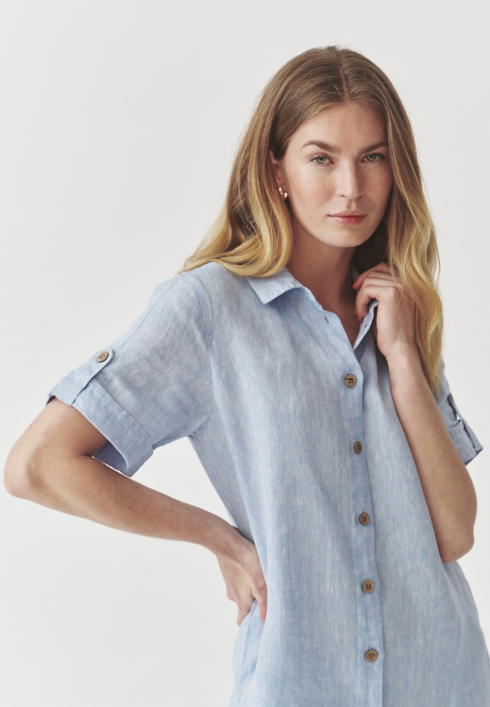 LADIES’ LINEN BUTTONED DRESS WITH SHORT SLEEVES - ZALWA LADIES’ LINEN BUTTONED DRESS WITH SHORT SLEEVES - ZALWA BLUE 98410