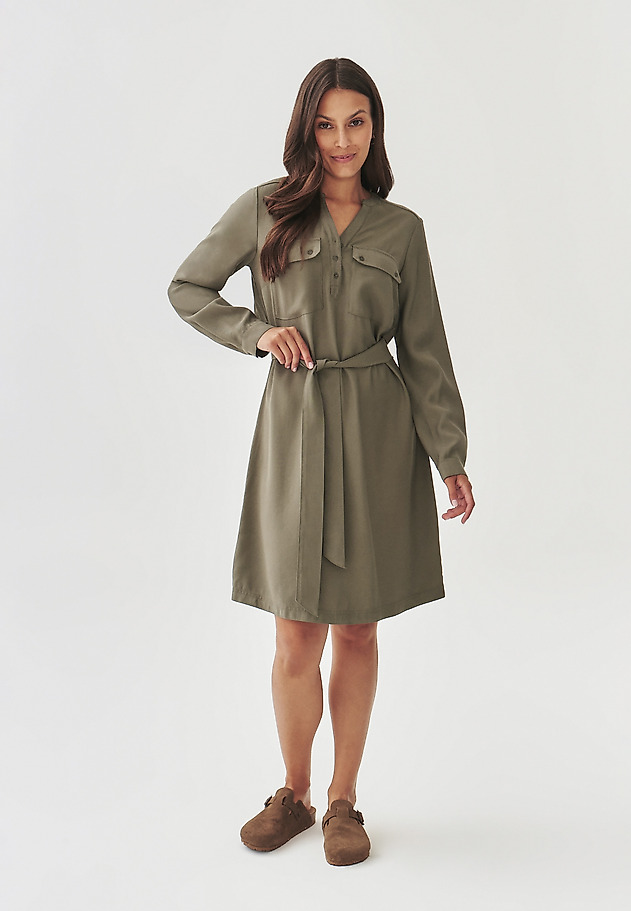 FABRIC DRESS WITH A TIED WAIST BELT - KORMO FABRIC DRESS WITH A TIED WAIST BELT - KORMO KHAKI 2