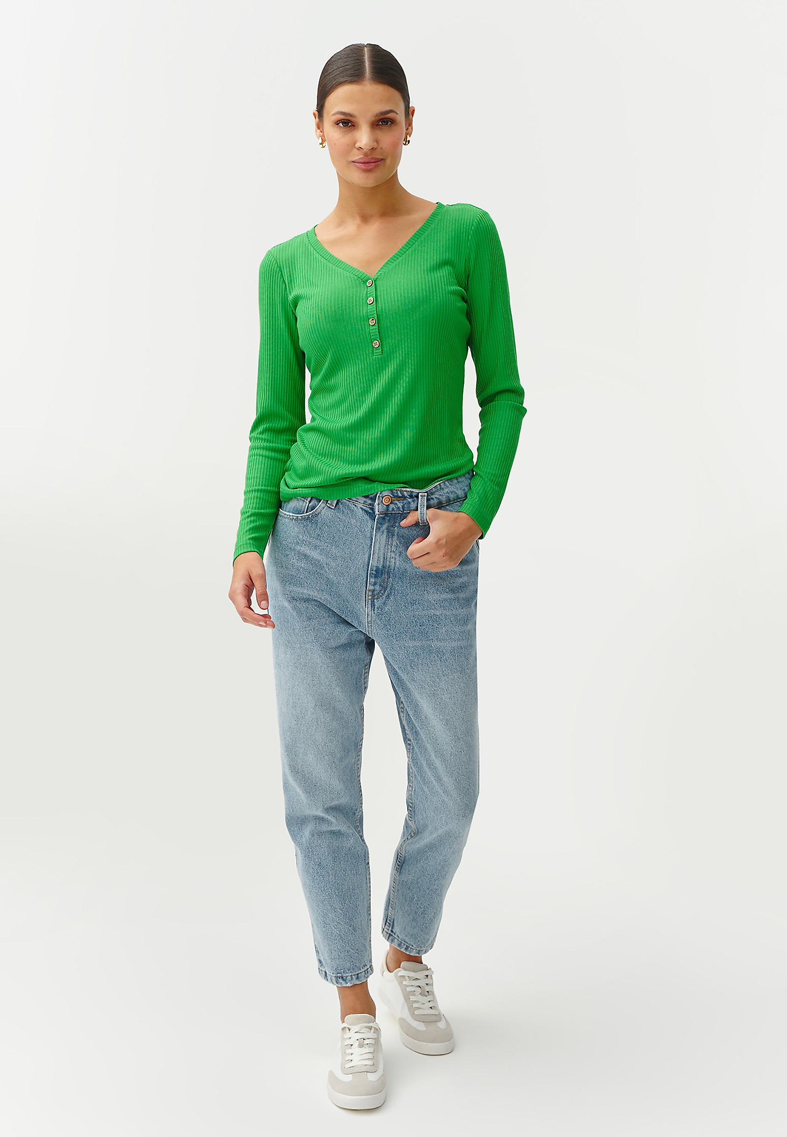 BLUZKA DAMSKA Z DZIANINY PRĄŻKOWANEJ - NATASZA BLUZKA DAMSKA Z DZIANINY PRĄŻKOWANEJ - NATASZA ZIELONY 94483