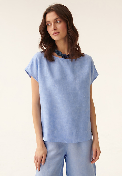 LADIES' SHORT SLEEVE LINEN BLOUSE OMA BLUE 2