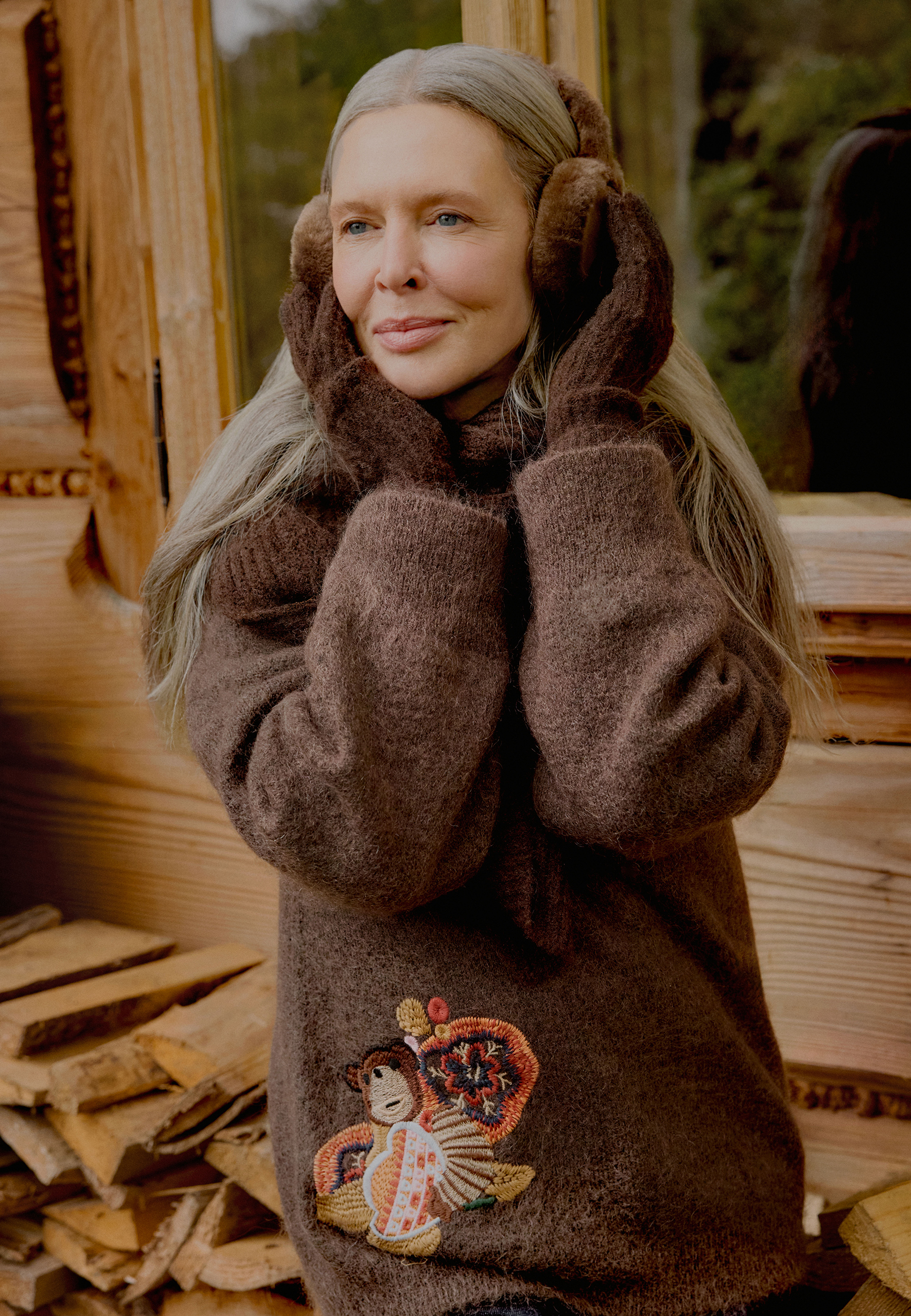 HAFTOWANY SWETER Z WEŁNĄ I MOHEREM - LUSHY BRĄZOWY 2