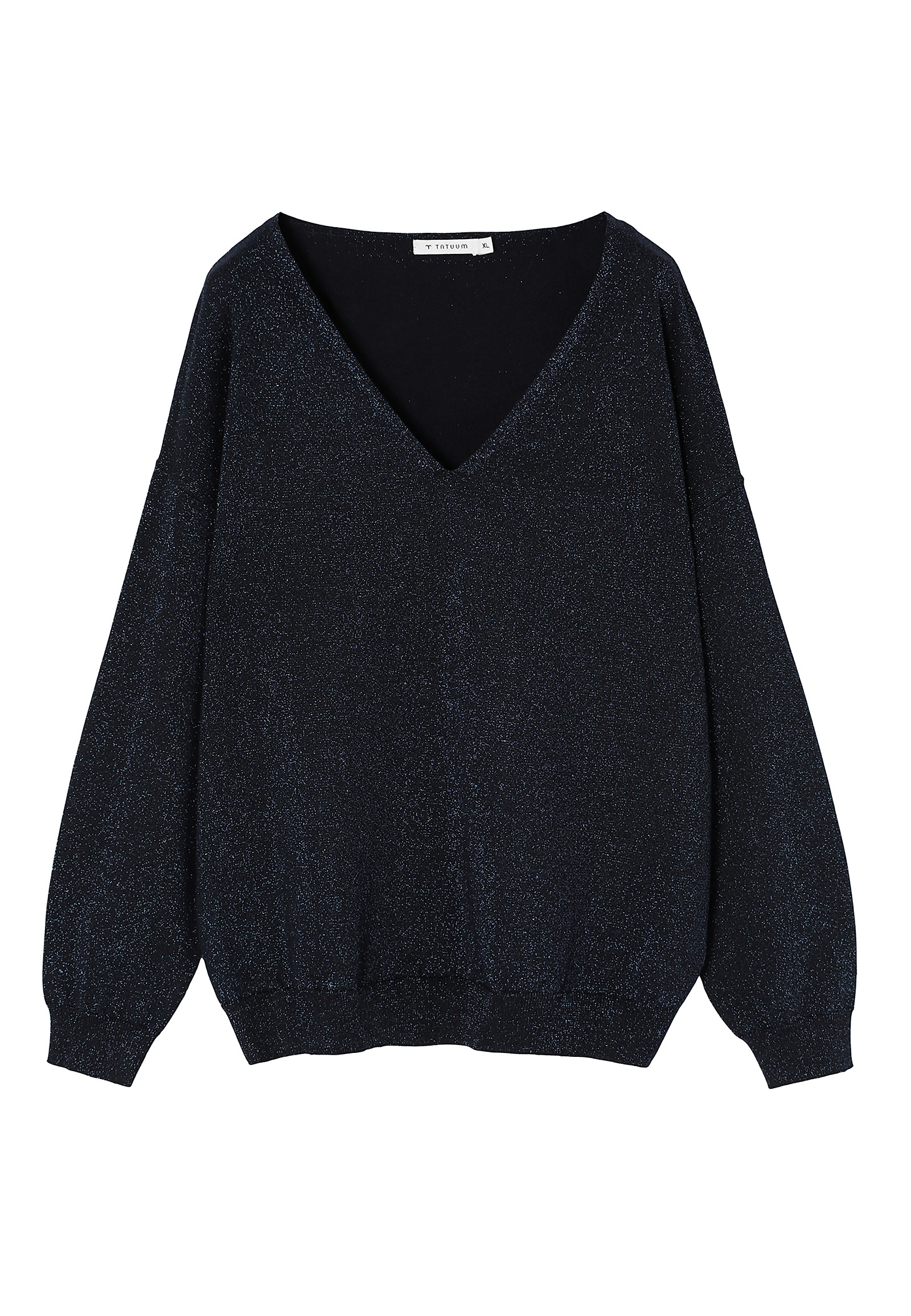 KLASYCZNY DAMSKI SWETER Z DEKOLTEM TYPU „V” I BŁYSZCZĄCĄ PRZĘDZĄ — FLARE KLASYCZNY DAMSKI SWETER Z DEKOLTEM TYPU „V” I BŁYSZCZĄCĄ PRZĘDZĄ — FLARE GRANATOWY 102881