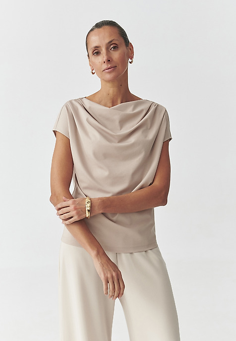 KNITTED BLOUSE WITH RUFFLED NECKLINE — MELISA BEIGE 2