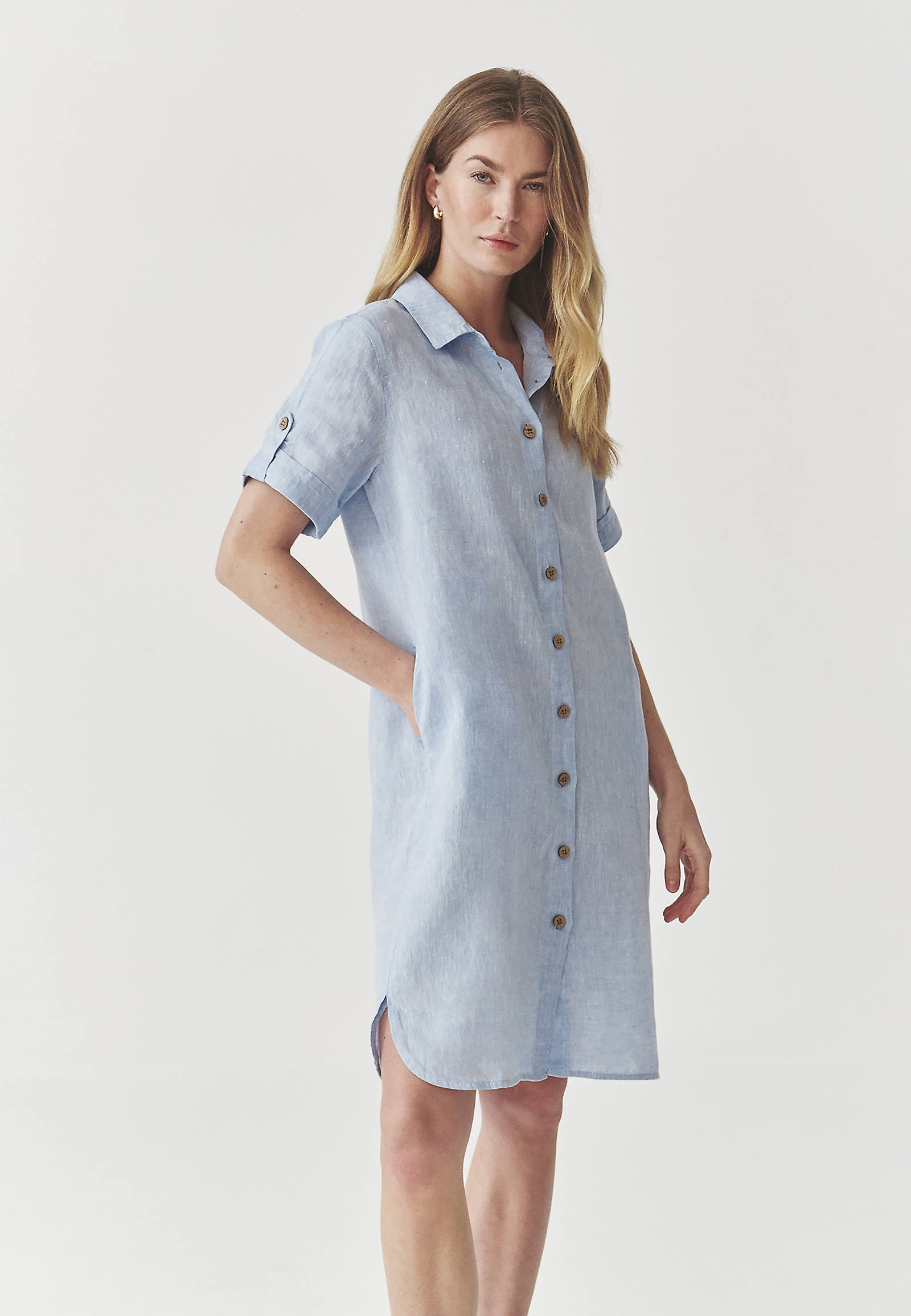 LADIES’ LINEN BUTTONED DRESS WITH SHORT SLEEVES - ZALWA LADIES’ LINEN BUTTONED DRESS WITH SHORT SLEEVES - ZALWA BLUE 98409