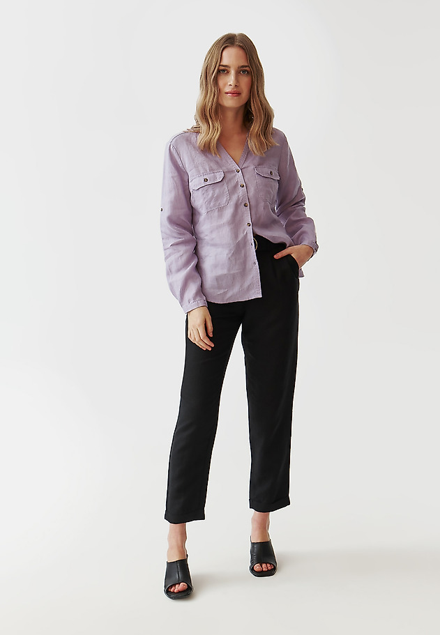 LADIES’ LINEN SHIRT WITH ROLLED-UP SLEEVES - JUSTYNA LADIES’ LINEN SHIRT WITH ROLLED-UP SLEEVES - JUSTYNA FIOLETOWY 2