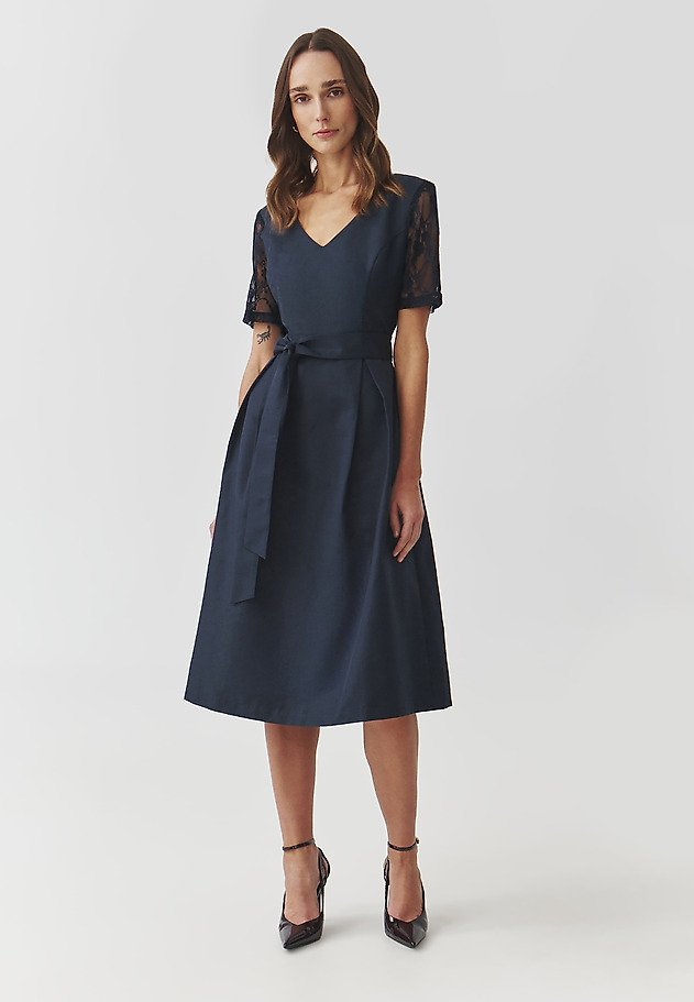 FLARED MIDI DRESS WITH LACE SLEEVES — DUSTY FLARED MIDI DRESS WITH LACE SLEEVES — DUSTY GRANATOWY 2