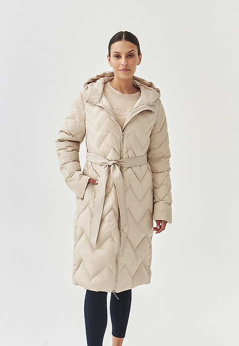 LADIES' PUFF COAT WITH HOOD AND TIE BELT - GAMI BEIGE 2