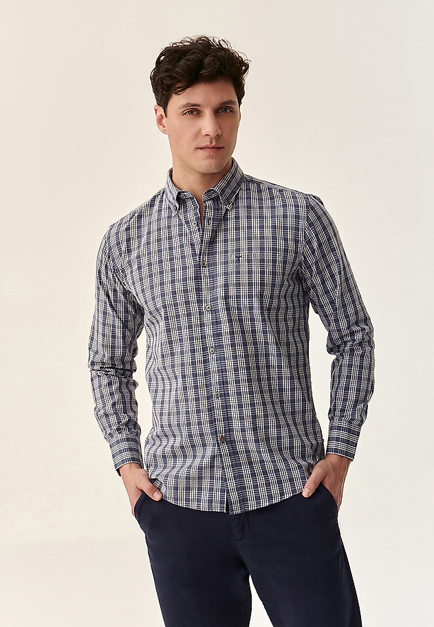 MEN'S CHECKERED COTTON LONG SLEEVE SHIRT - CHARLES 8 CLASSIC MEN'S CHECKERED COTTON LONG SLEEVE SHIRT - CHARLES 8 CLASSIC NAVY BLUE 3