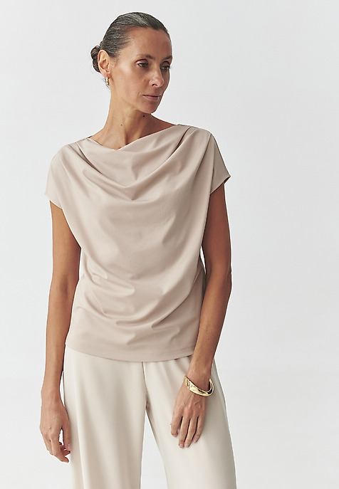 KNITTED BLOUSE WITH RUFFLED NECKLINE — MELISA BEIGE 2