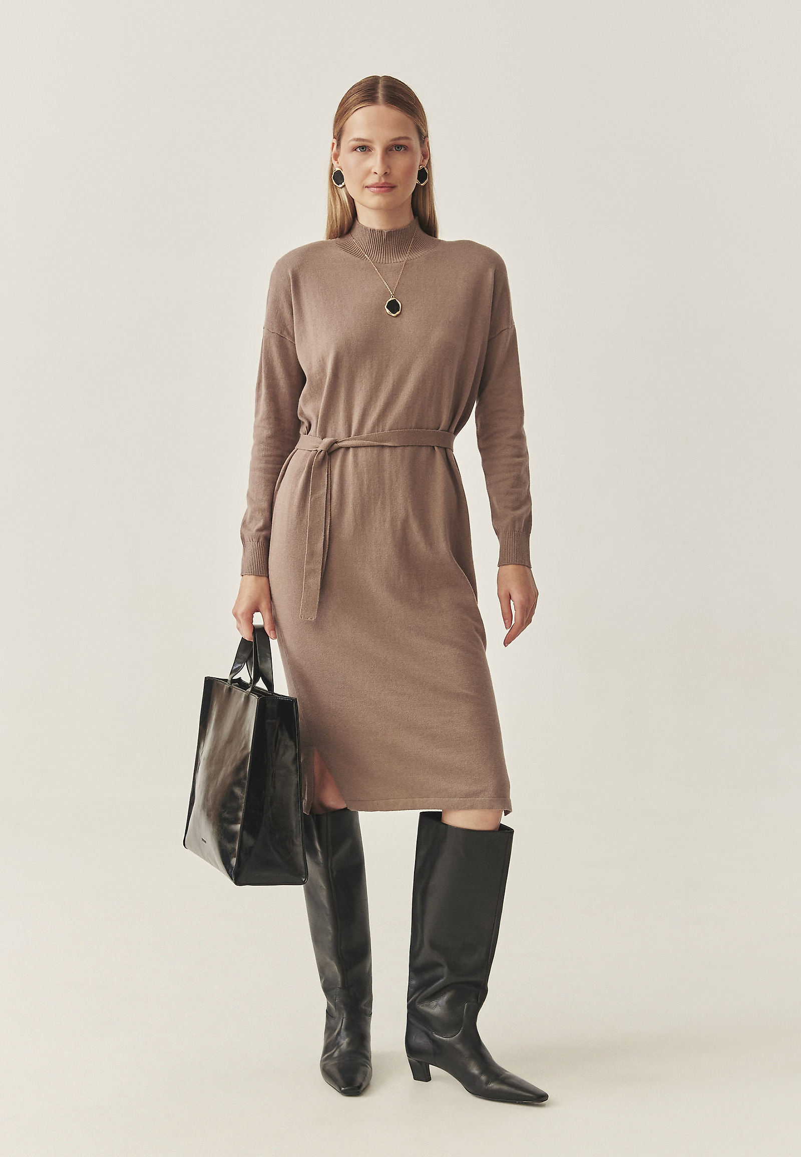 KNITTED LADIES' DRESS WITH TIE WAIST BELT - AZALEA color BROWN KNITTED LADIES' DRESS WITH TIE WAIST BELT - AZALEA color BROWN