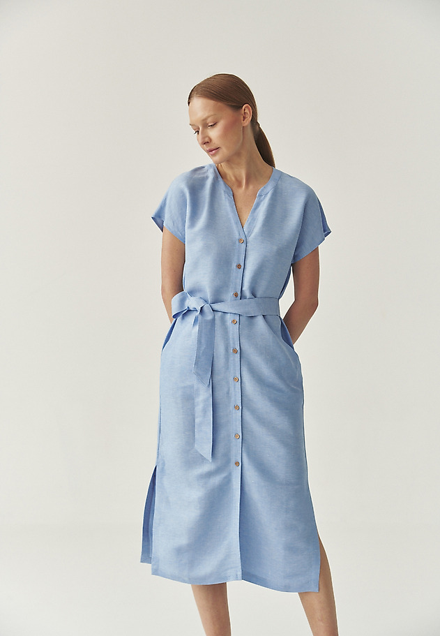 SHIRT MIDI DRESS WITH LINEN - ZEWI SHIRT MIDI DRESS WITH LINEN - ZEWI NIEBIESKI 2
