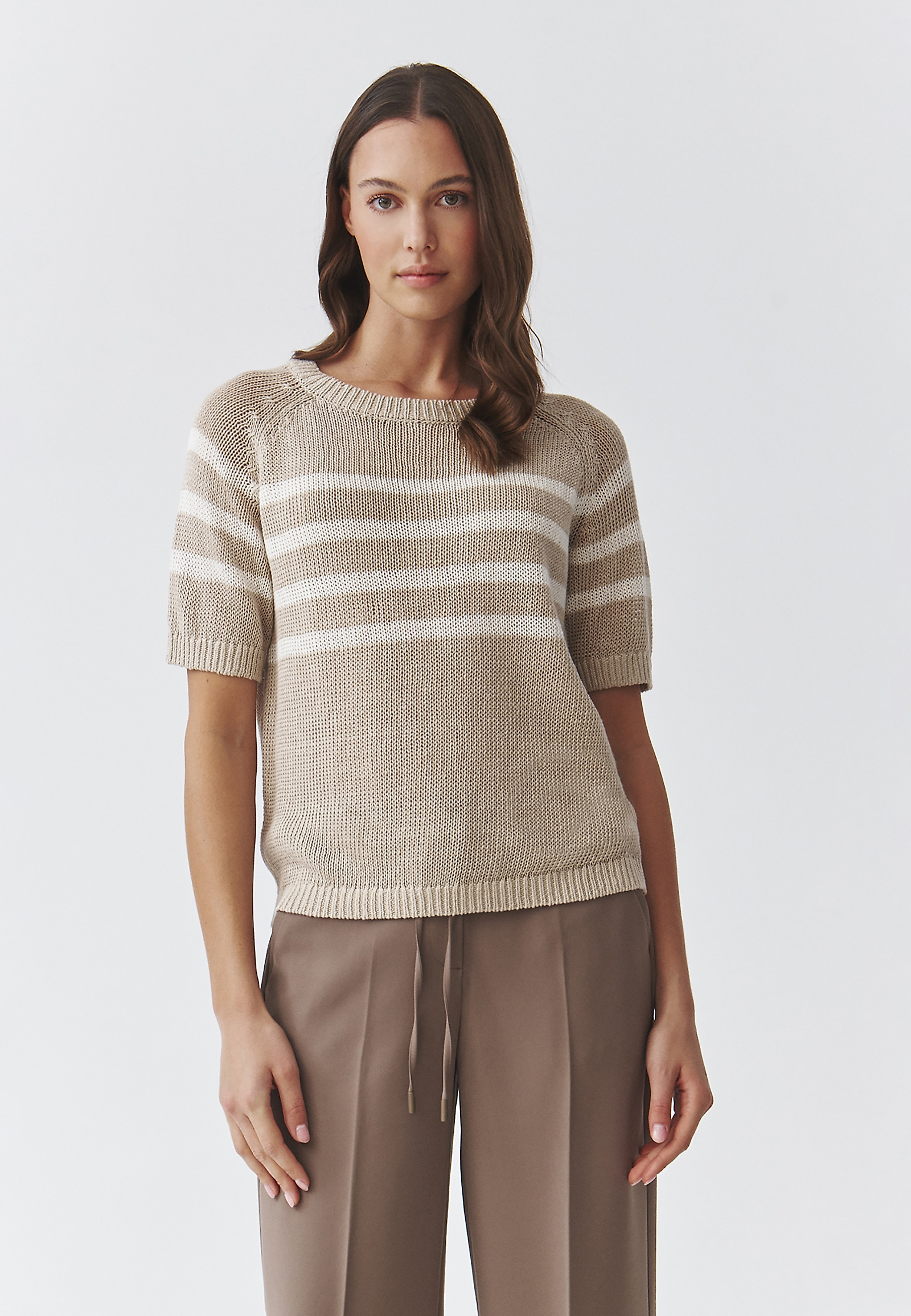 LADIES' LINEN CROSS-STRIPED JUMPER — ELEA LADIES' LINEN CROSS-STRIPED JUMPER — ELEA BEIGE 104958