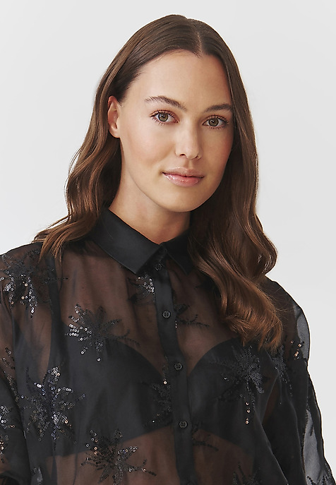 LADIES' SHORT WOVEN SHIRT WITH SEQUIN PATTERN — BRINI BLACK 2