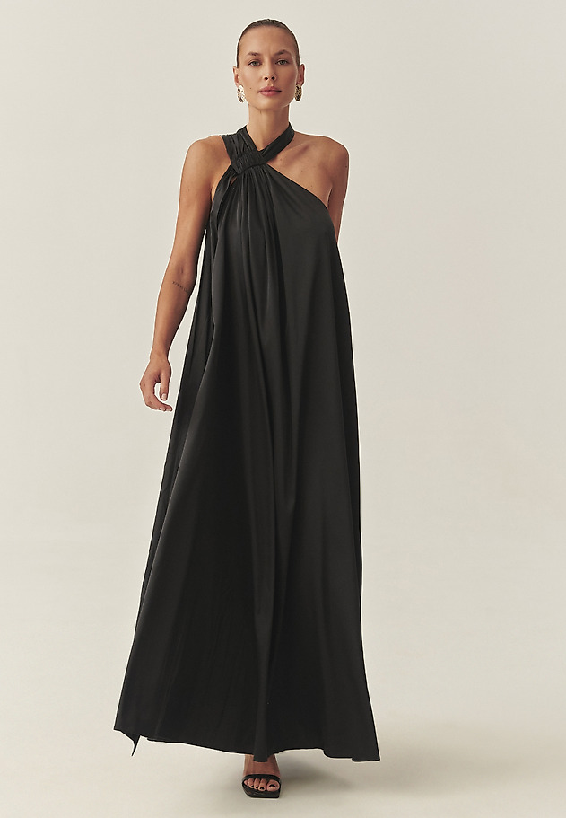 WOVEN SATIN MAXI DRESS LENORA color BLACK WOVEN SATIN MAXI DRESS LENORA color BLACK