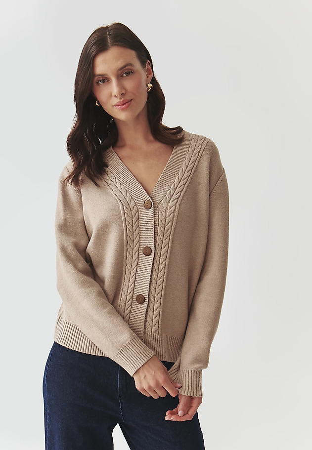 SWETER DAMSKI Z GUZIKAMI I WARKOCZOWYM WZOREM — LILAC SWETER DAMSKI Z GUZIKAMI I WARKOCZOWYM WZOREM — LILAC BEŻOWY 1