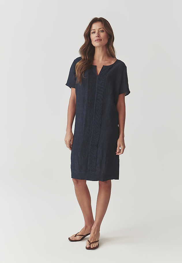 LADIES’ LINEN DRESS WITH DECORATIVE PLEAT - MELIANA LADIES’ LINEN DRESS WITH DECORATIVE PLEAT - MELIANA GRANATOWY 2