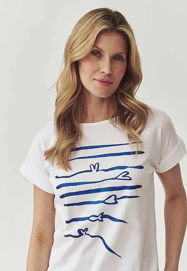 COMFORTABLE LADIES’ T-SHIRT IN MARINE PRINT - MAKI COMFORTABLE LADIES’ T-SHIRT IN MARINE PRINT - MAKI WHITE 1