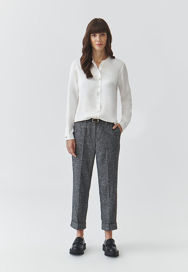 LADIES' FABRIC SHIRT WITH STAND-UP COLLAR AND SATIN TRIM — STENDI LADIES' FABRIC SHIRT WITH STAND-UP COLLAR AND SATIN TRIM — STENDI ECRU 2