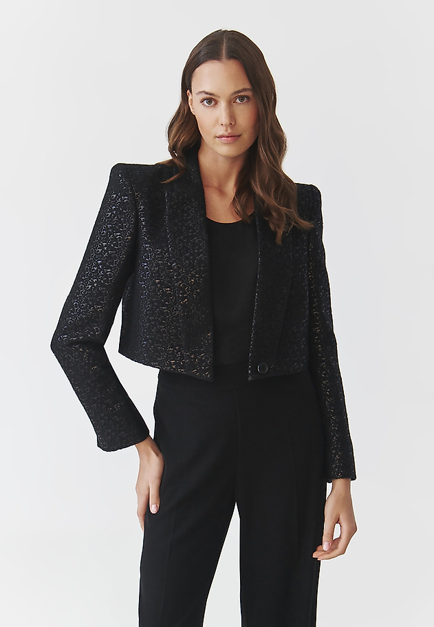 LADIES' SHORT WOVEN JACKET WITH SHINY PATTERN — KAMRA LADIES' SHORT WOVEN JACKET WITH SHINY PATTERN — KAMRA CZARNY 1