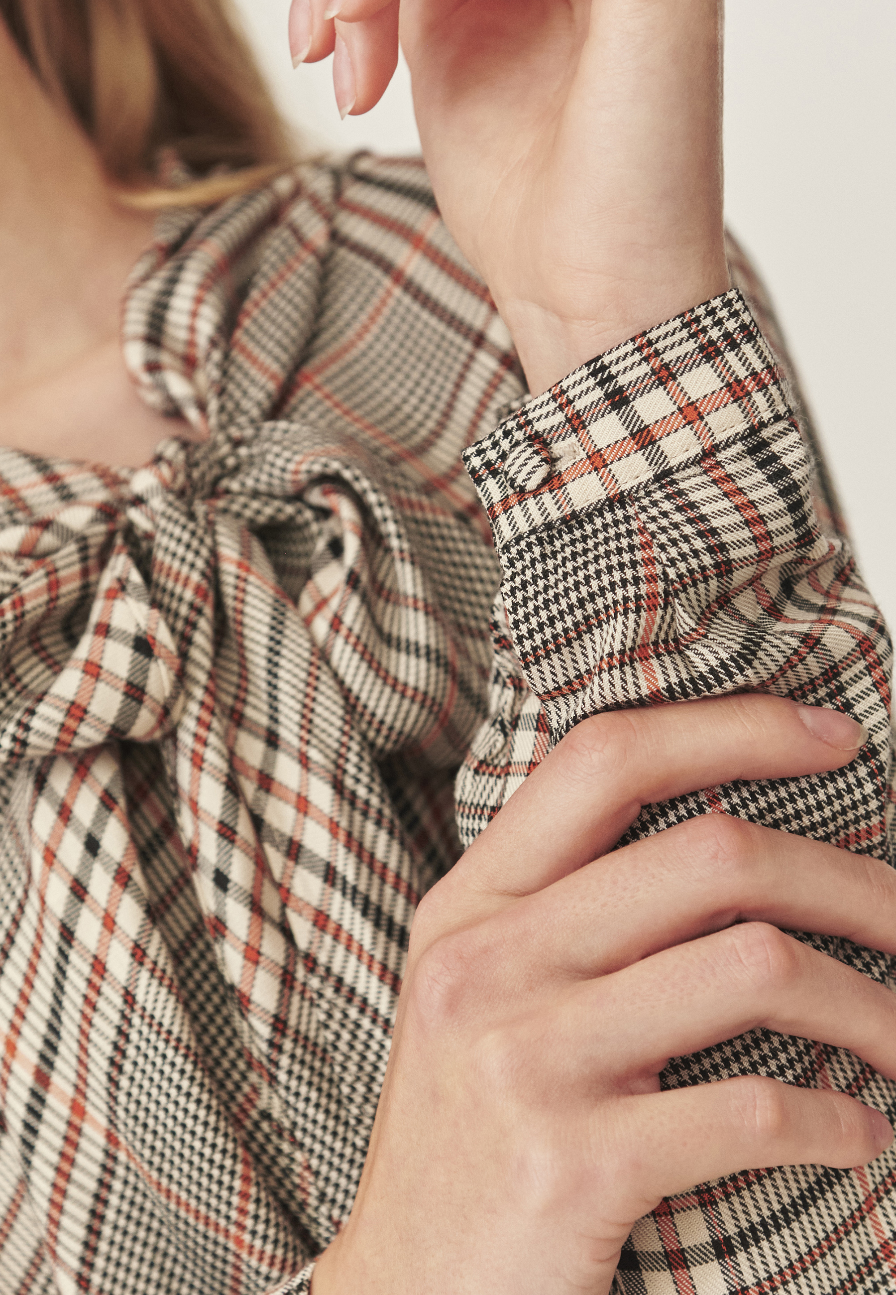 CHECKERED FABRIC BLOUSE WITH DECORATIVE BINDING AT NECKLINE — TUTTI MULTICOLOR 2