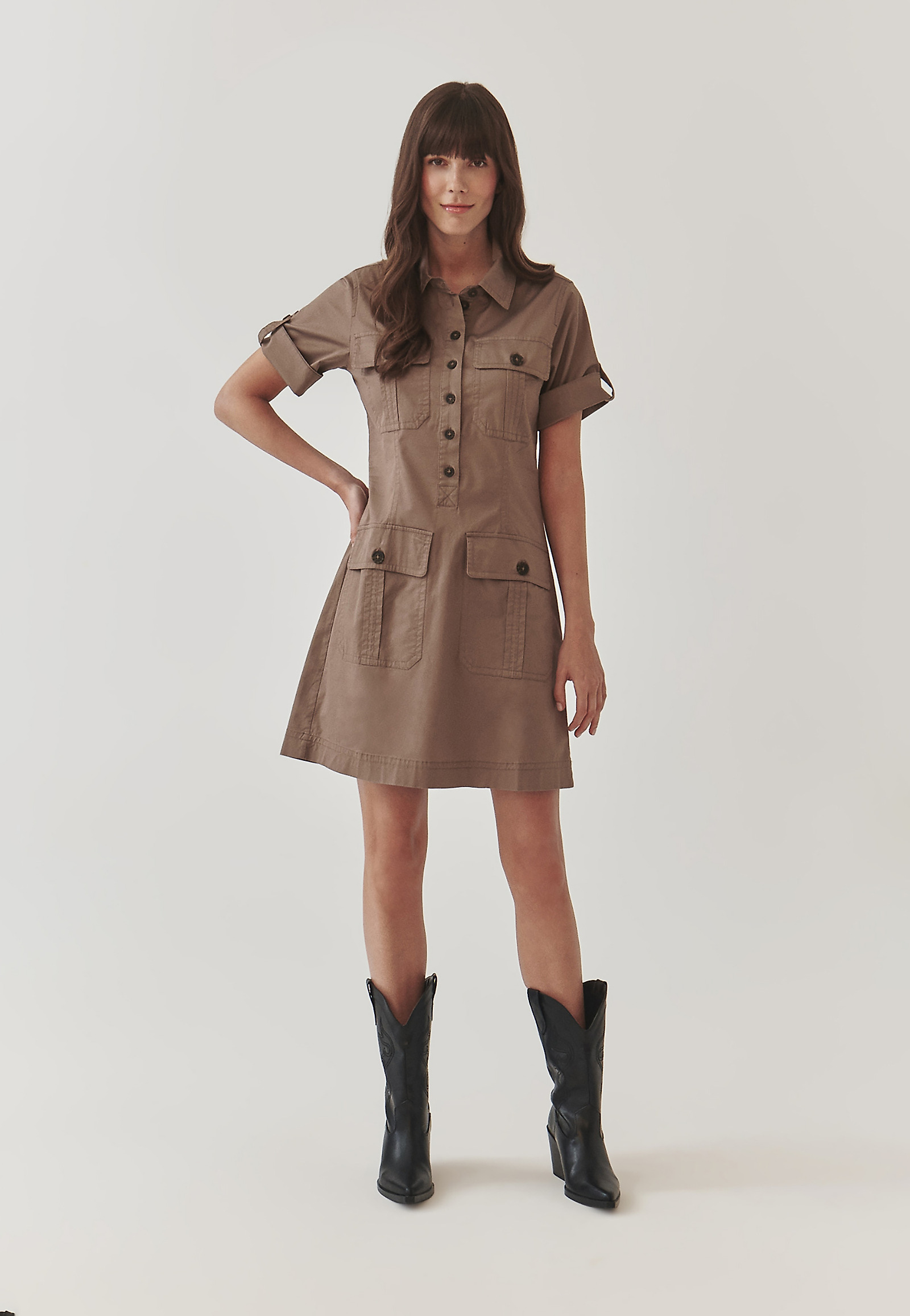 LADIES’ SHIRTWAIST DRESS WITH ROLLED-UP SLEEVES - SAPRITI LADIES’ SHIRTWAIST DRESS WITH ROLLED-UP SLEEVES - SAPRITI KHAKI 97062