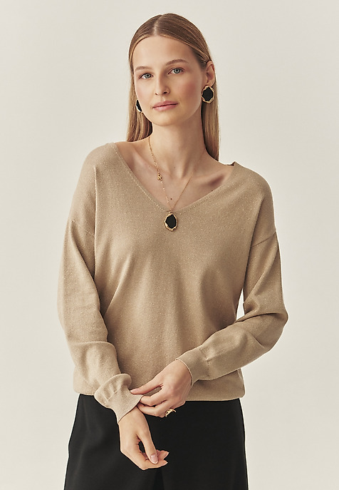 CLASSIC LADIES' JUMPER WITH V-NECK AND SHINY YARN — FLARE 1 YELLOW 2