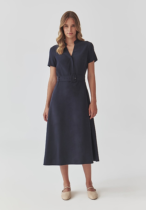 ROCHIE MIDI, CU MÂNECĂ SCURTĂ ȘI CENTURĂ CU CATARAMĂ - KORMI BLEUMARIN 2