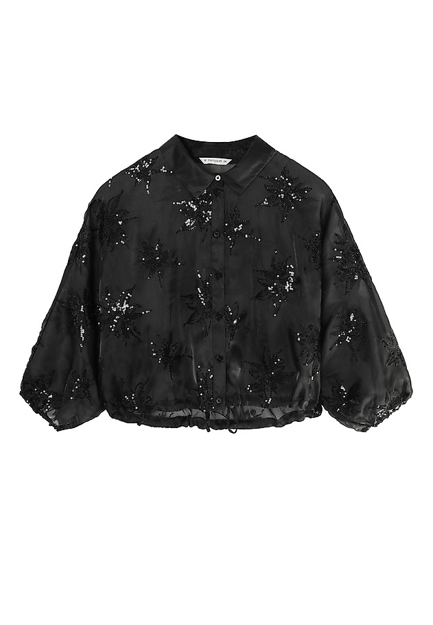 LADIES' SHORT WOVEN SHIRT WITH SEQUIN PATTERN — BRINI LADIES' SHORT WOVEN SHIRT WITH SEQUIN PATTERN — BRINI BLACK 6