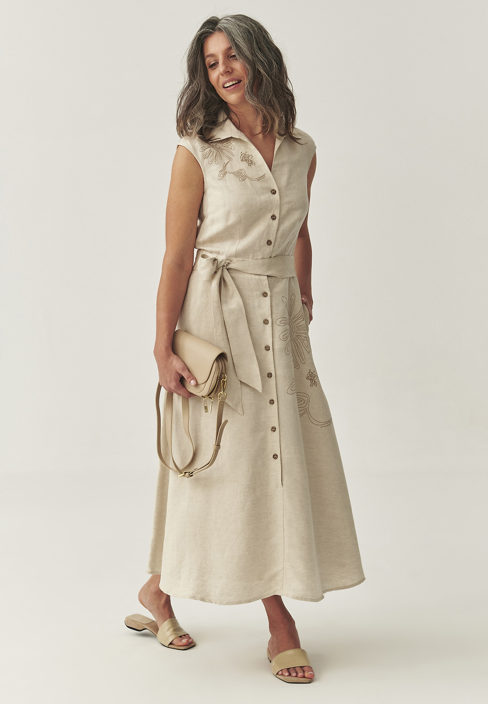 MIDI SCHMISSERIE DRESS IN LINEN AND VISCOSE - RONNA 1 MIDI SCHMISSERIE DRESS IN LINEN AND VISCOSE - RONNA 1 BEIGE 110703