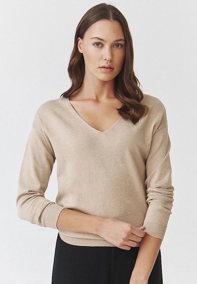 CLASSIC LADIES' JUMPER WITH V-NECK AND SHINY YARN — FLARE 1 CLASSIC LADIES' JUMPER WITH V-NECK AND SHINY YARN — FLARE 1 ŻÓŁTY 1