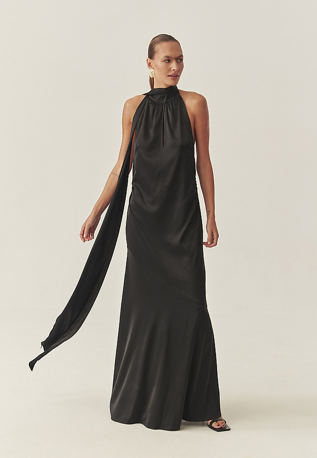 WOVEN SATIN MAXI DRESS WITH OPEN BACK EMU color BLACK WOVEN SATIN MAXI DRESS WITH OPEN BACK EMU color BLACK