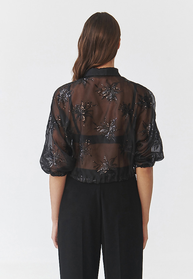 LADIES' SHORT WOVEN SHIRT WITH SEQUIN PATTERN — BRINI LADIES' SHORT WOVEN SHIRT WITH SEQUIN PATTERN — BRINI BLACK 3
