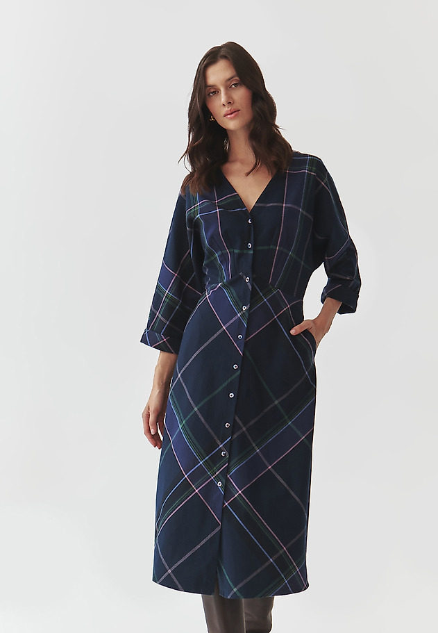 3/4 SLEEVE FLARED CHECKERED FABRIC DRESS — SAMOTALI 3/4 SLEEVE FLARED CHECKERED FABRIC DRESS — SAMOTALI MULTIKOLOR 3