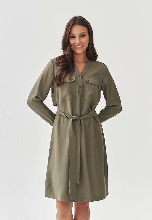 FABRIC DRESS WITH A TIED WAIST BELT - KORMO FABRIC DRESS WITH A TIED WAIST BELT - KORMO KHAKI 5