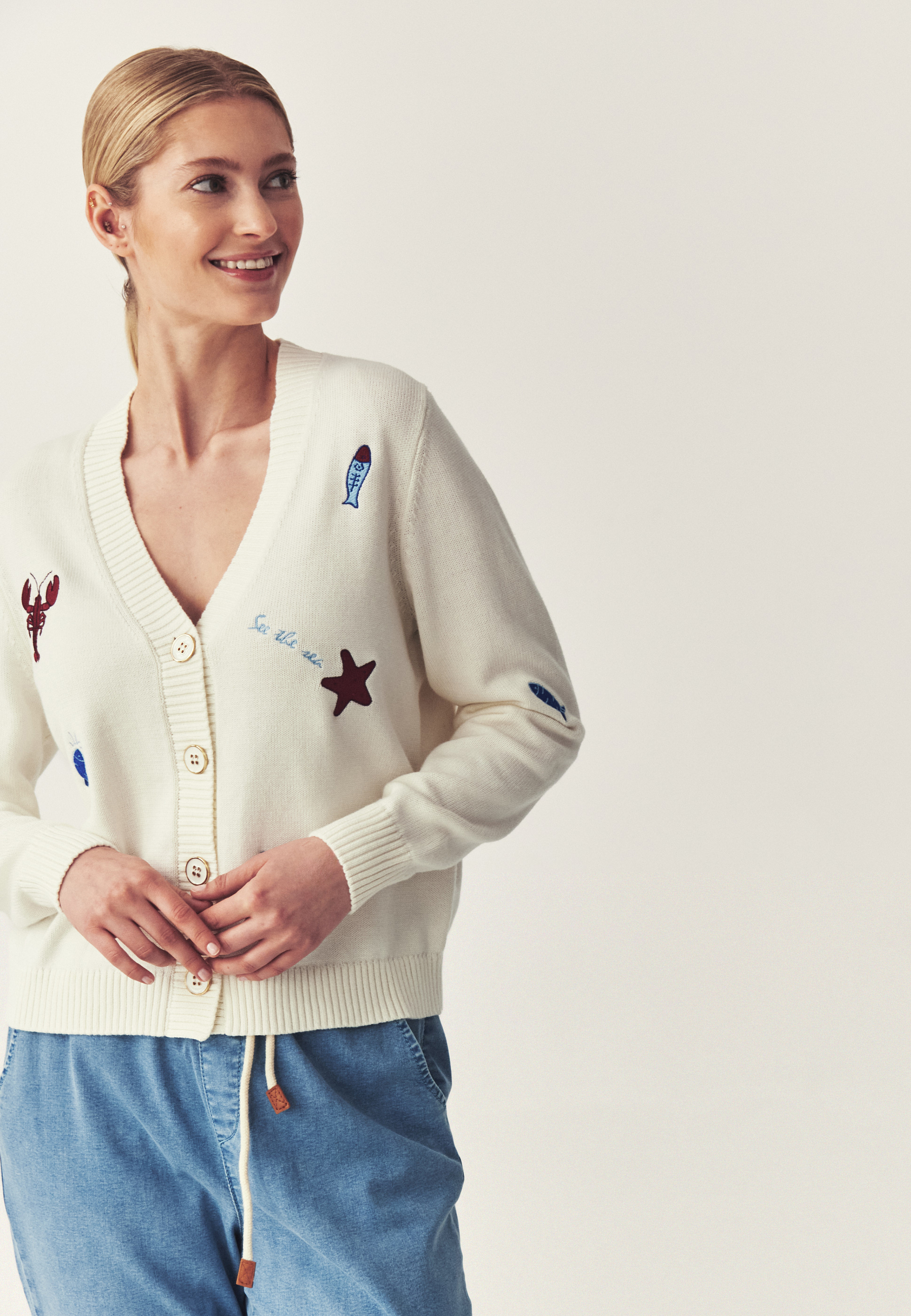 HAFTOWANY KARDIGAN Z BAWEŁNY - TEDA ECRU 2