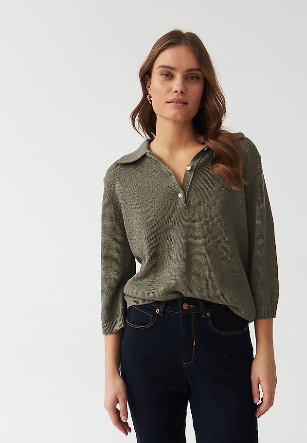 LNIANY SWETER DAMSKI Z KOŁNIERZYKIEM - TASZKA LNIANY SWETER DAMSKI Z KOŁNIERZYKIEM - TASZKA KHAKI 3