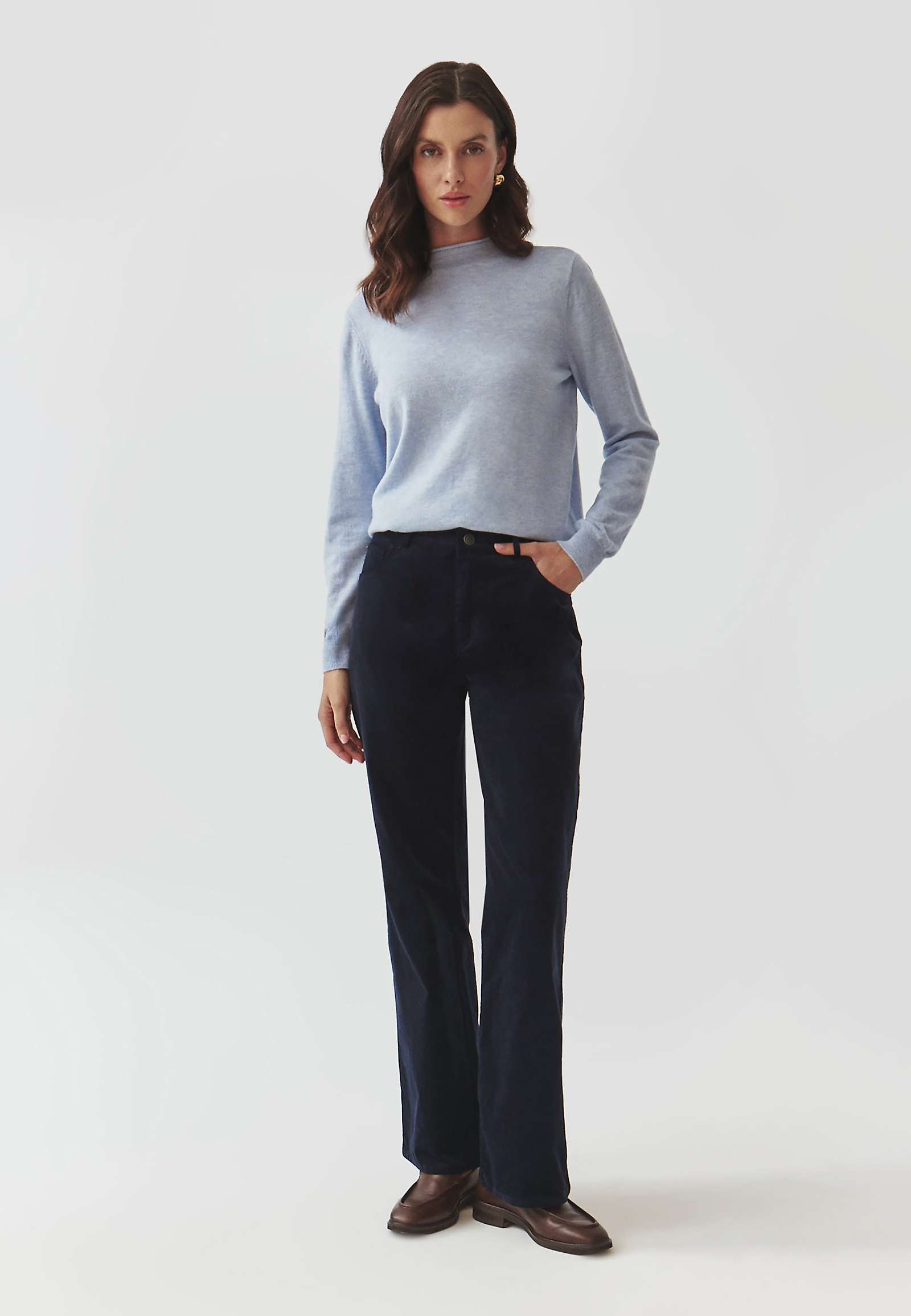 LADIES' CORDUROY TROUSERS WITH WIDE LEG — KWINKO color NAVY BLUE