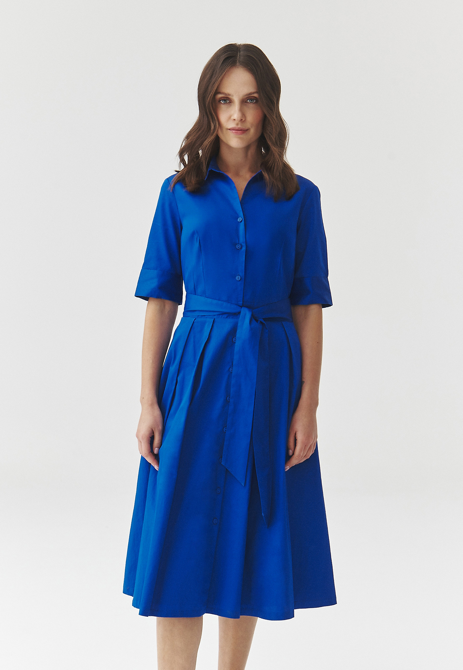 SHORT-SLEEVED FLARED MIDI DRESS — NIKI SHORT-SLEEVED FLARED MIDI DRESS — NIKI BLUE 108351