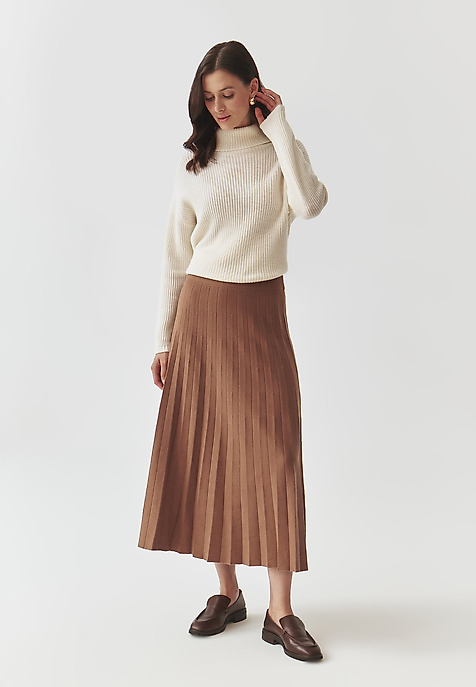 PLEATED MIDI SKIRT IN CHUNKY KNIT FABRIC — WOTO BEIGE 2
