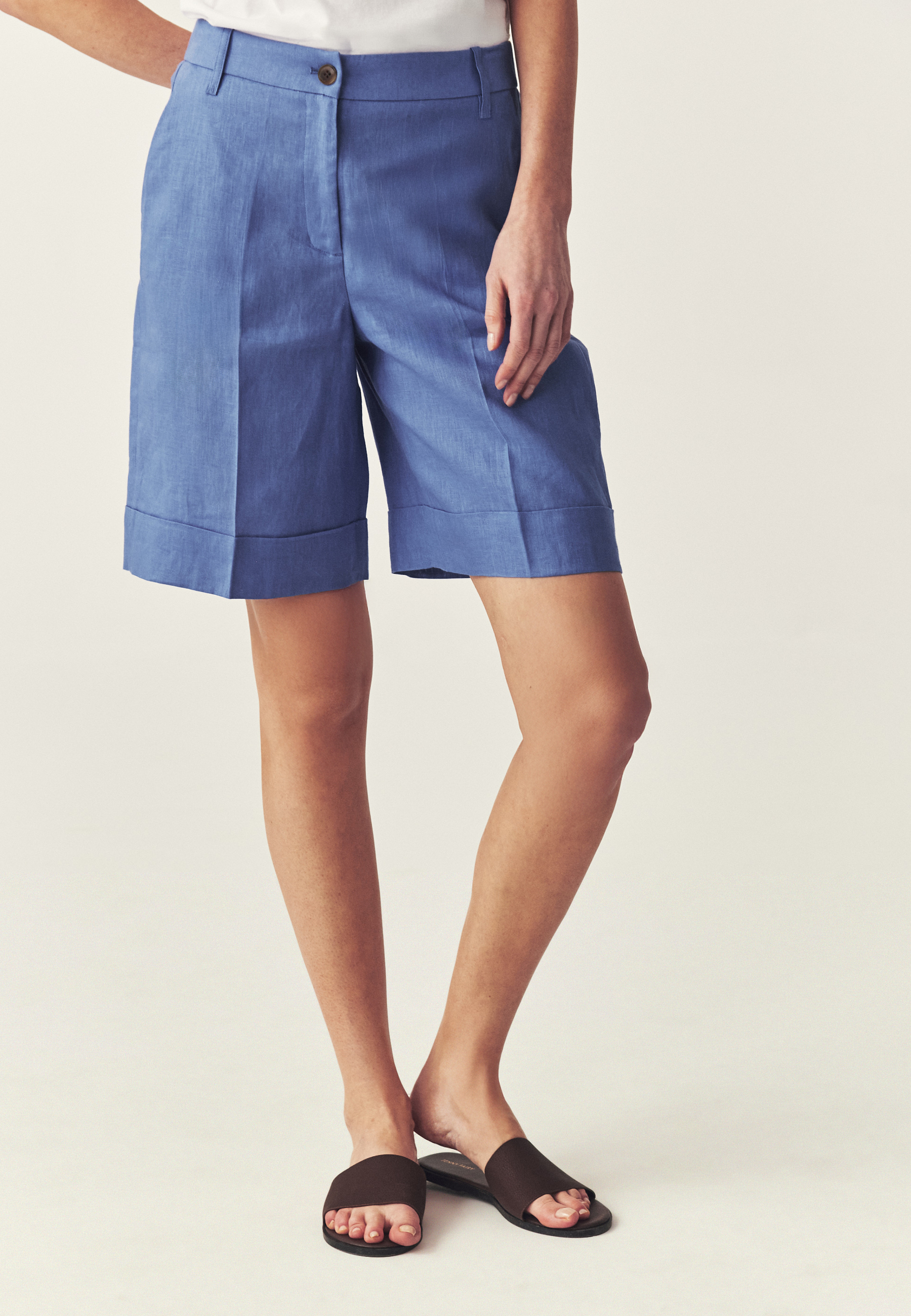 PANTALONI SCURȚI DIN IN, CU DUNGĂ - NAKOMOS ALBASTRU 2