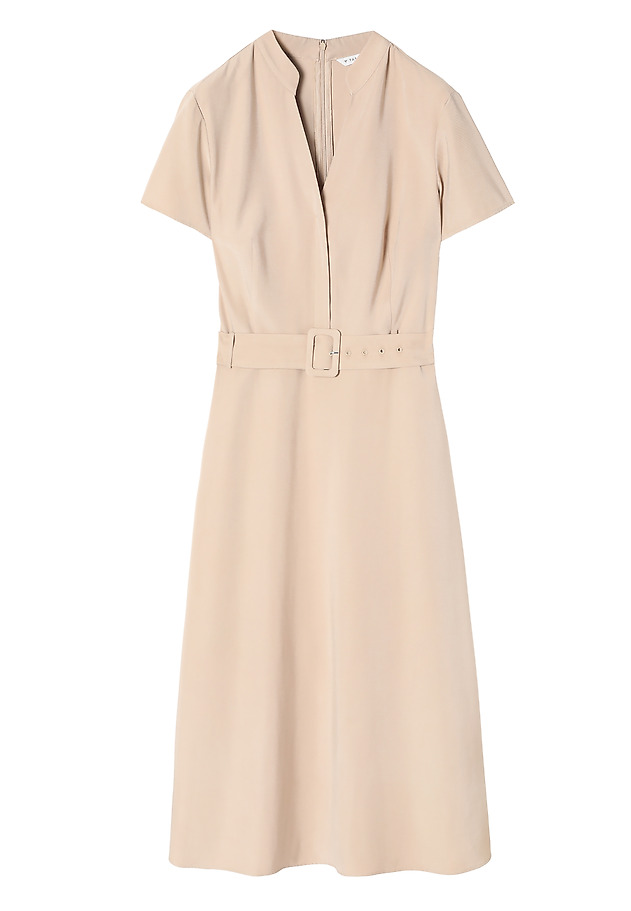 LADIES' MIDI SHORT-SLEEVED DRESS WITH BELT AND A BUCKLE - KORMI color BEIGE LADIES' MIDI SHORT-SLEEVED DRESS WITH BELT AND A BUCKLE - KORMI color BEIGE
